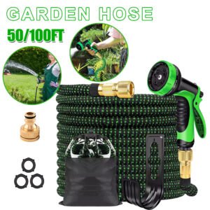 Expandable Green Garden Hose Set, 50/100ft with 10 sprayer patterns - Flexible & Retractable with High-Pressure Nozzle & Connectors