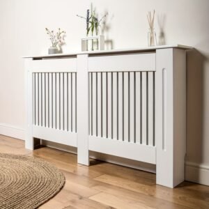MDF Radiator Cover White Painted Radiator Cover Vertical Slat Heater Covers Modern Tall Radiators Shelf Wooden Cabinet Shelving Radiator Shelve For Home Office Vertical Slatted Vent, Small Radiator Cover